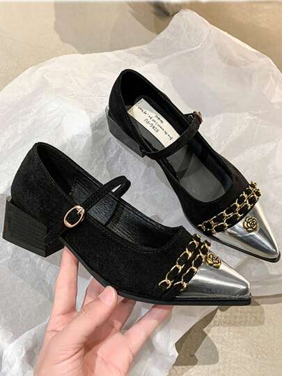 2026 New Black Versatile Color Block Pointed Toe Chunky Heel Pumps, Korean Version Metal Buckle Mid-Heel Mary Jane Shoes For Women
