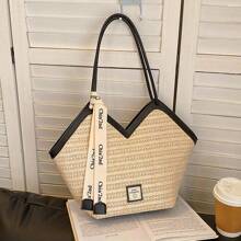 Bolso de capacidad grande con correa decorativa, bolso de paja vintage de nueva llegada primavera/verano 2025, bolso tejido versátil para el hombro para ir a trabajar, la playa, de compras, fiestas, niñas, estudiantes