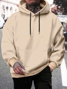 Men's Plain Kangaroo Hooded Sweatshirt Without Plain Print - Beige - View 1