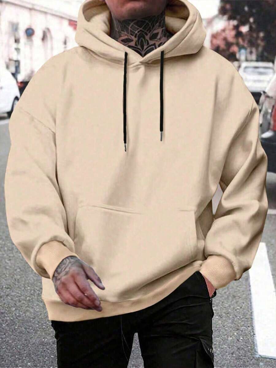 Men's Plain Kangaroo Hooded Sweatshirt Without Plain Print - Beige - View 1