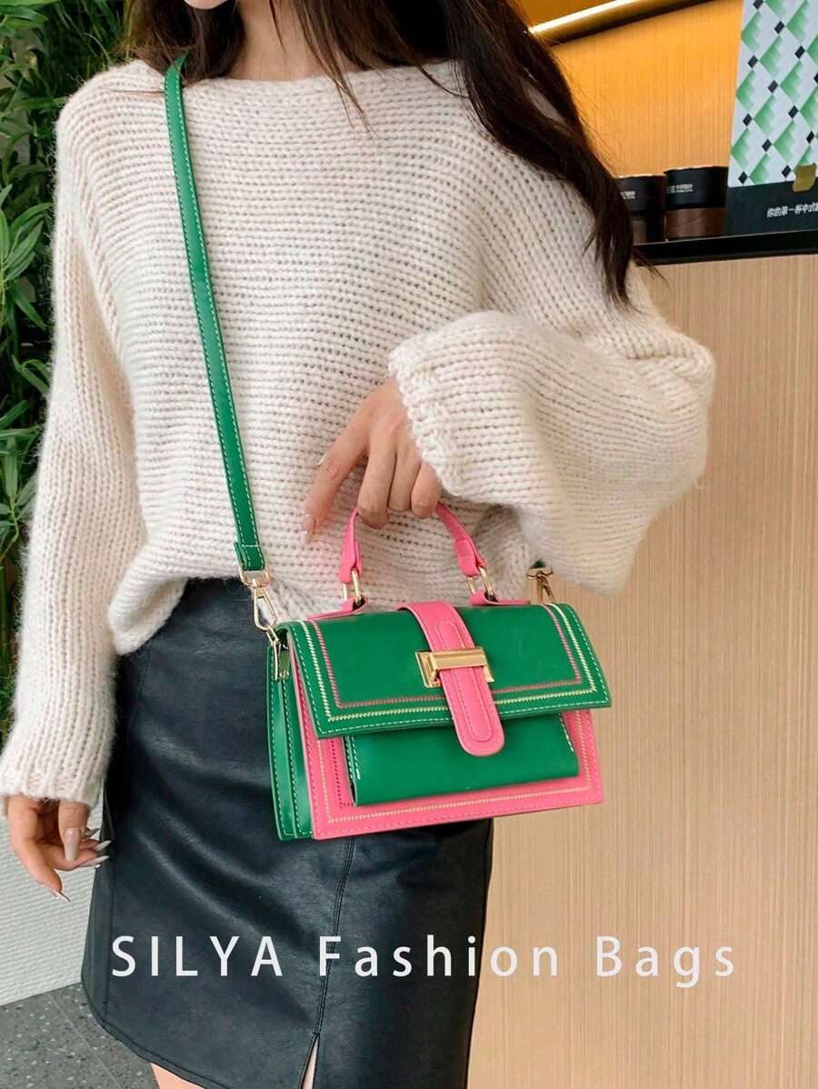 Sac à épaule et léger avec design blocs de couleurs, convient pour les déplacements quotidiens et polyvalent pour les femmes - Vert - Voir 1