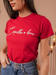 Blusinha T-Shirt Estampada 100% Algodão Confort Casual - Vermelho - Visão 3