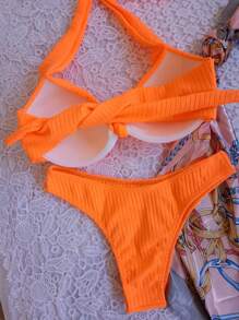 Half Cup Bikini Set With Ribbed Pads Neon Colors Beachwear - Orange - View 4