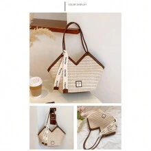 Bolso de capacidad grande con correa decorativa, bolso de paja vintage de nueva llegada primavera/verano 2025, bolso tejido versátil para el hombro para ir a trabajar, la playa, de compras, fiestas, niñas, estudiantes