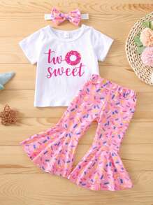 Conjunto de ropa informal para niña, blusa de manga corta con letras lindas y pantalones cortos/pantalones con estampado de dulces y diadema. - Rosa intenso - Ver 1