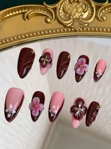 10 piezas de uñas postizas hechas a mano en forma de almendra de color marrón nude con talla tridimensional. Pueden darse como regalo a personas, madres, novias y novias. Adecuado para usar en ocasiones como cumpleaños, fiestas, banquetes y bailes. Se pueden usar repetidamente