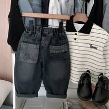 男童 2025 年春季新款黑色休闲刺绣胡萝卜牛仔裤，百搭时尚长裤