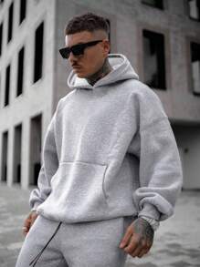 Men's Plain Kangaroo Hooded Sweatshirt Without Plain Print - Grey - View 1