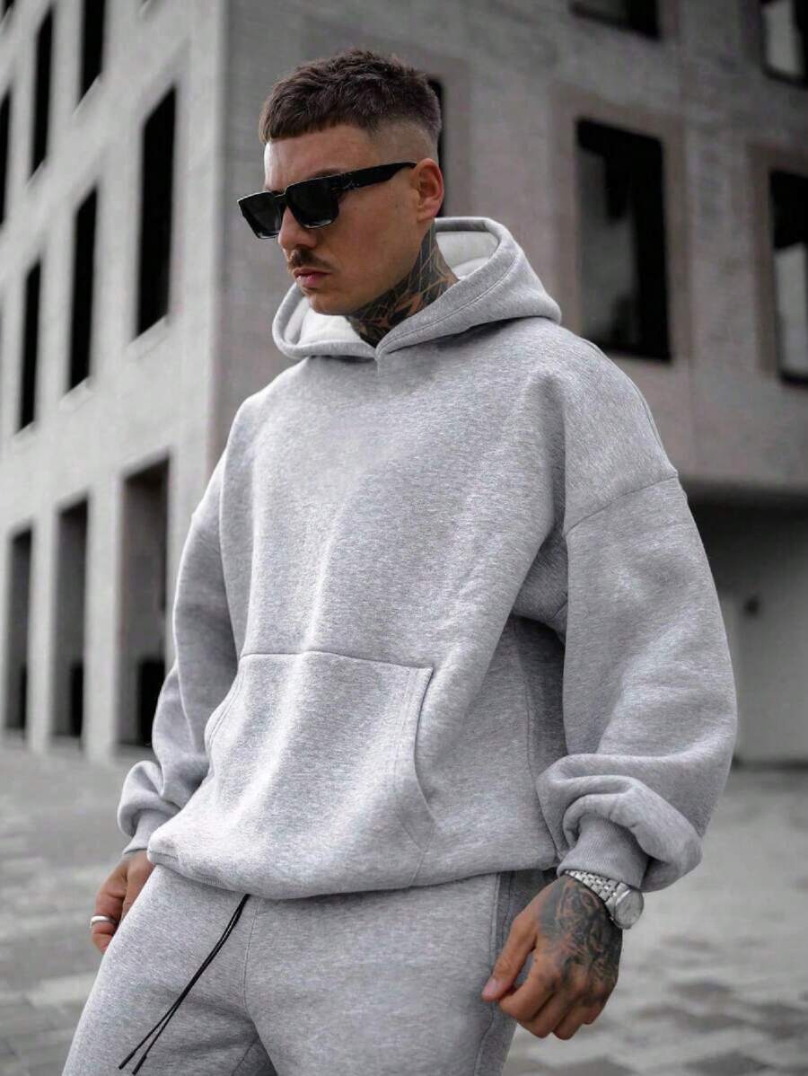 Men's Plain Kangaroo Hooded Sweatshirt Without Plain Print - Grey - View 1