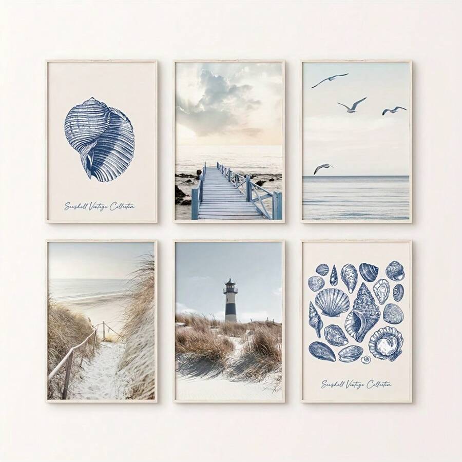 6 Peças Conjunto de Arte de Parede de Charme Costeiro - Design de Farol com Conchas Azuis, Pôster de Tela sem Moldura para Quarto, Galeria, Decoração Rústica - Presente Perfeito para Estética Doméstica, Decoração de Praia, Outono, Conjunto de Pôsteres para Presente de Aniversário e Formatura - multicolorido - Visão 1