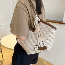 Bolso de capacidad grande con correa decorativa, bolso de paja vintage de nueva llegada primavera/verano 2025, bolso tejido versátil para el hombro para ir a trabajar, la playa, de compras, fiestas, niñas, estudiantes