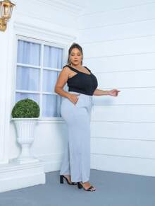PLUS SIZE PANTS, WIDE LEG, HIGH WAIST WITH ELASTIC DUNA FABRIC - 淺灰色 - 查看 4