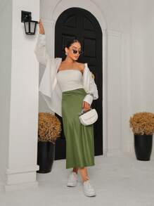 Satin Midi Skirt With Elastic - Dark Green - View 1