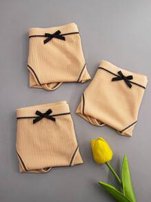 3pcs Women Nude Color Bow Cute Comfortable Sexy Sports Briefs