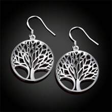 Elegant 1 Pair 925 Silver Plated Luxury Hollow Tree Of Life Drop Earrings Fashion Charm Women Birthday Party Wedding Birthday Gift Jewelry - Silver - View 3