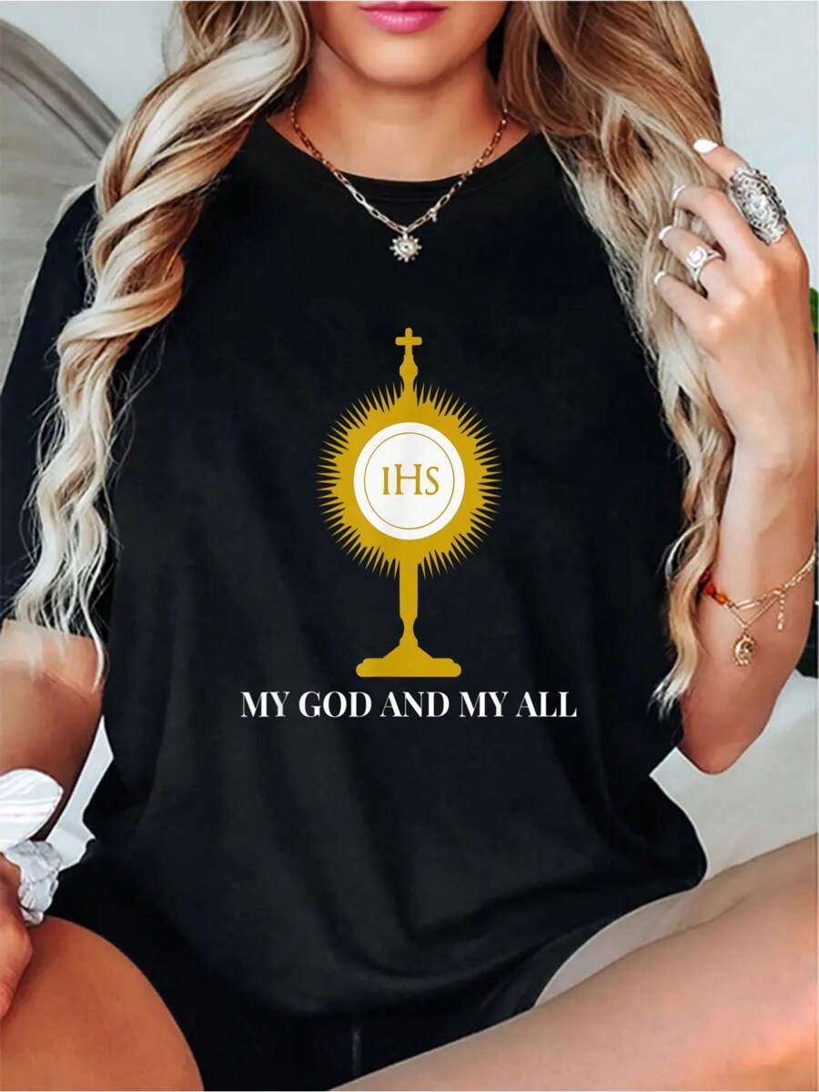 100% Cotton Eucharistic Jesus Christ |   IHS |   My God And My All T-Shirt Round Neck Short Sleeve T-Shirt Women'S Men Graphic Tee - Black - View 1