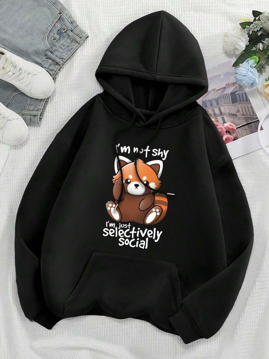 Shy Red Panda Hoodie Big Size Women Hoodie Cute Introvert Kawaii Nemi Style For Women - 黑色 - 查看 1