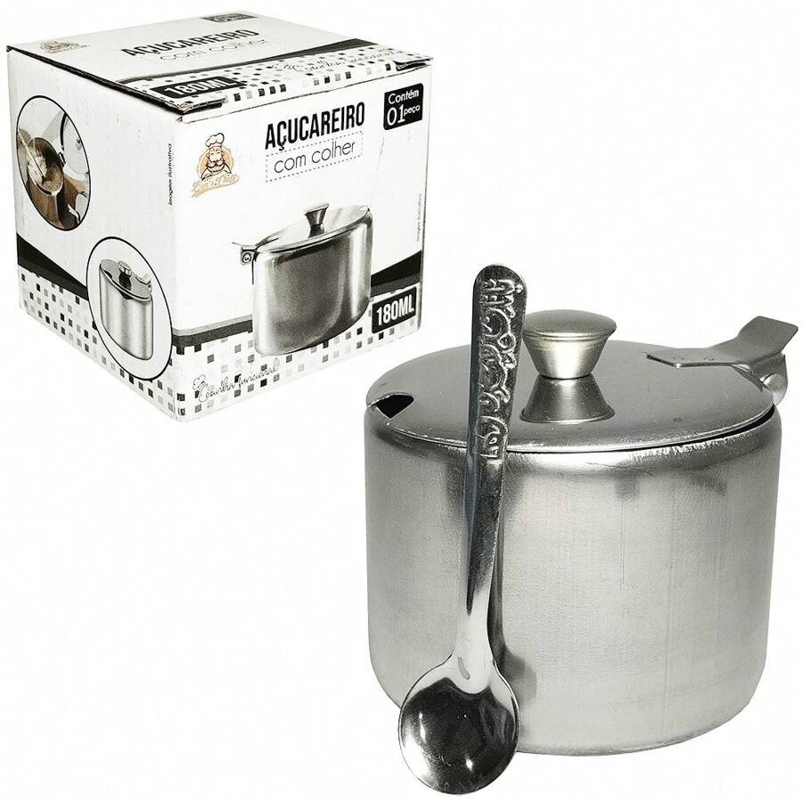 Açucareiro De Inox Com Tampa + Colher 180ml 6,5x7cm De Ø Na Caixa Bons Cheff - Prata - Visão 1