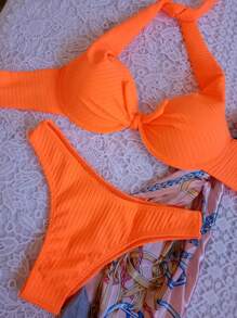 Half Cup Bikini Set With Ribbed Pads Neon Colors Beachwear - Orange - View 2