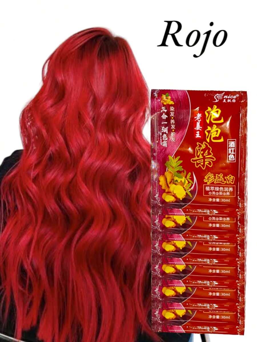6 sobres Shampoo matizador tinte de jengibre tono vino oscuro, rojo, negro, castaño, cubre canas - Rojo cereza - Ver 1