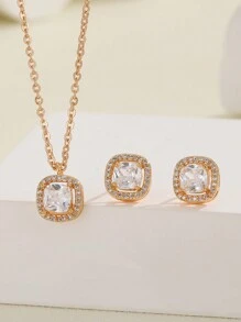 3 件套奢华锆石镶嵌项链 + 耳环套装，简约时尚水钻颈链吊坠铜饰品，适合女性日常、节日、婚礼和派对佩戴 - 彩色 - 查看 1