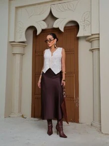 Satin Midi Skirt With Elastic - Óxido marrón - Ver 2