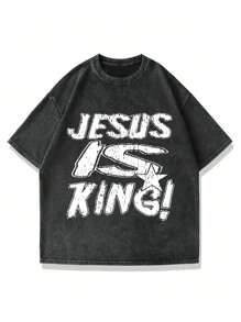 Plus Size Men's Casual Summer Round Neck Jesus Star Letter Print Washed T-Shirt - Black - View 2