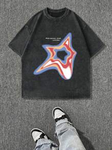 Camiseta de manga corta con cuello redondo, estampado de aurora, estrellas y texto en inglés, estilo grunge, para uso diario, para hombres de talla grande - Rosa Roja - Ver 9