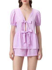 Women 2 Piece Outfits Reversible Tie Front Short Sleeves Tops And Elastic Shorts Club Streetwear Fashion Clothes