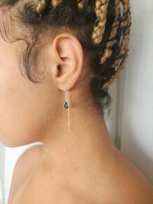 Venetian Wire Drop Earring Assorted Colors Hook 925 Sterling Silver Genuine Zirconia - 黑色 - 查看 3