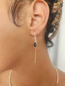 Venetian Wire Drop Earring Assorted Colors Hook 925 Sterling Silver Genuine Zirconia - 黑色 - 查看 1