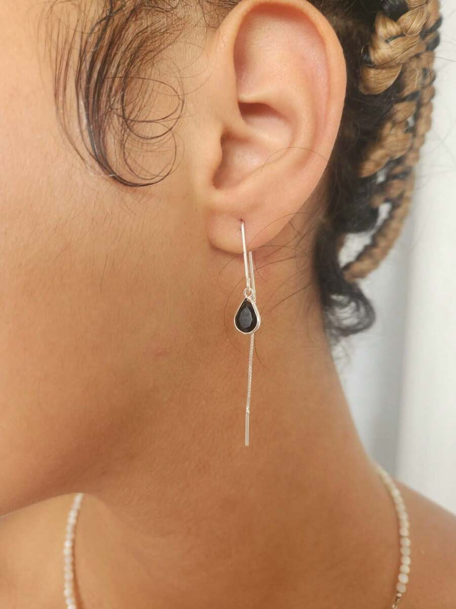 Venetian Wire Drop Earring Assorted Colors Hook 925 Sterling Silver Genuine Zirconia - 黑色 - 查看 1