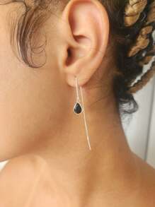 Venetian Wire Drop Earring Assorted Colors Hook 925 Sterling Silver Genuine Zirconia - 黑色 - 查看 2