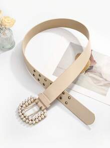 Faux Leather Pearl Decor Fashion Dual Row Perforated Wide Belt - Beige - View 4