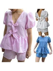 Women 2 Piece Outfits Reversible Tie Front Short Sleeves Tops And Elastic Shorts Club Streetwear Fashion Clothes