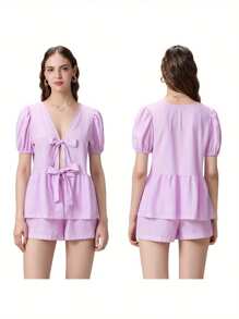 Women 2 Piece Outfits Reversible Tie Front Short Sleeves Tops And Elastic Shorts Club Streetwear Fashion Clothes