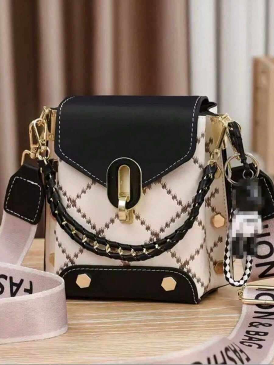 Women Shoulder Bag For Cell Phone BearBoho PlaidPU Material With Metal Decoration