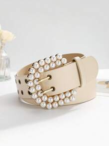 Faux Leather Pearl Decor Fashion Dual Row Perforated Wide Belt - Beige - View 1