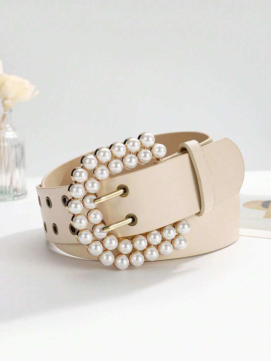 Faux Leather Pearl Decor Fashion Dual Row Perforated Wide Belt - Beige - View 1