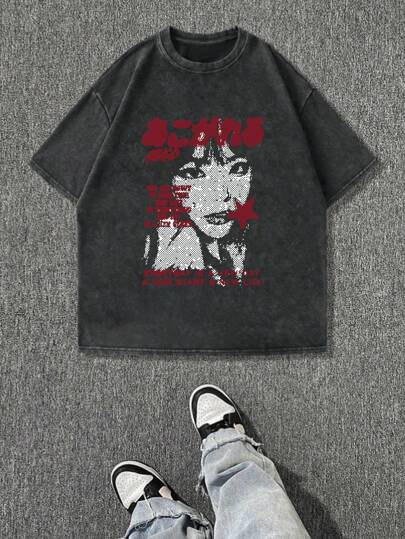 Men Plus Size Summer Casual Round Neck English Text, Dotted Silhouette Pattern Washed T-Shirt, Emo