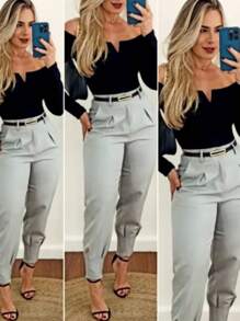 Women's Formal Carrot Tailored Trousers Basic Jogger Pants - Grey - View 3