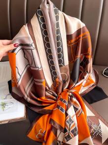 1pc Women Bandana Orange Retro Colorblock Patchwork Printed Faux Silk 90*180cm Long Scarf, New Women Fashion Elegant Versatile Chain Print Polyester Sheer Soft Thin Shawl Outdoor Travel Casual Beach Wrap Fashionable High-End Accessories For Dress - Orange - View 3