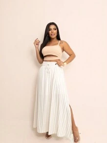 Solid Women's Long Skirt - Khaki Vertical Stripes - View 3