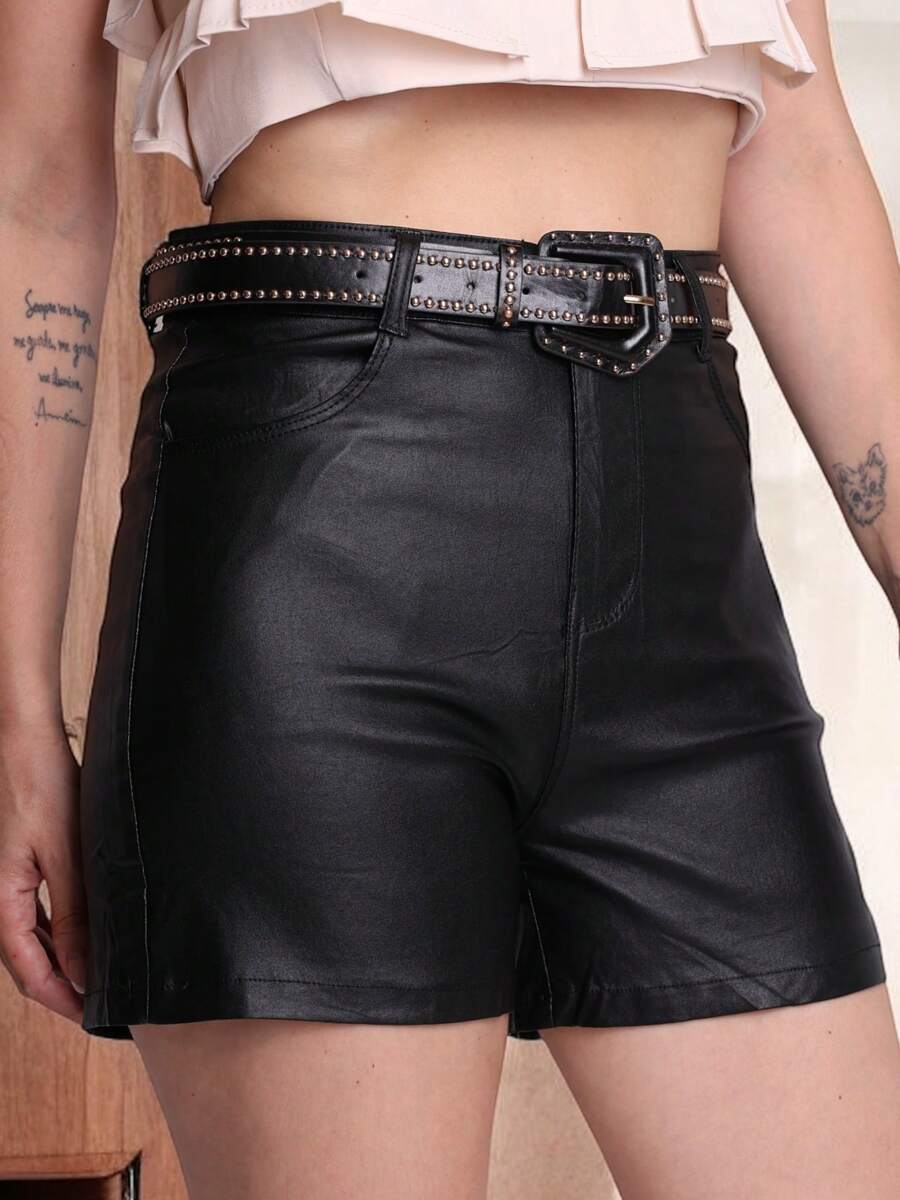 Leather Shorts With Pocket And Belt Attachment/LS267 - 黑色 - 查看 1