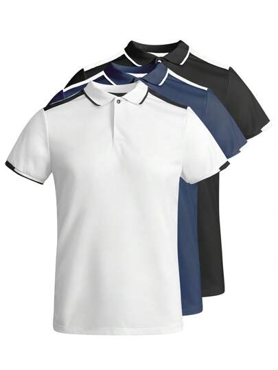  Pack Of 3 Roly Tamil Short-Sleeved Technical Polos (Delivery In 48 Hours) – Various Sizes – White (1), Navy Blue (1) And Black (1) – 50% Polyester, 50% Antibacterial Polyester, 1x1 Ribbed Collar And Sleeve Trim, Reinforced Cover Seams On Collar, Flap With 2 Hidden Snap Buttons, Ideal For Sports Activities And Daily Use, Antibacterial Polos, Sports Polos, Men's Polos