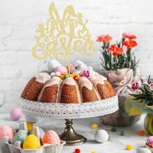1 pièce Décoration de gâteau lapin de Pâques oreille avec paillettes dorées Joyeuses Pâques, décoration de gâteau pour thème de printemps de fête d'anniversaire
