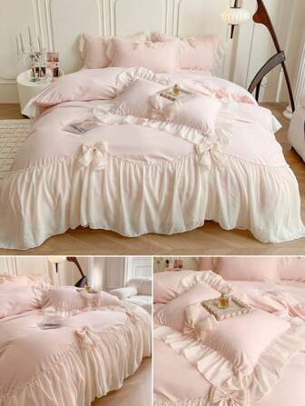 3/4 pièces Ensemble de housse de couette à bordure florale en mousseline (housse de couette x1, drap x1, taie d'oreiller x1/2, sans le rembourrage), Ensemble de housse de couette en polyester 3D style princesse avec nœud, Taille reine, Doux et confortable, Convient pour la chambre, l'hôtel, toutes les saisons