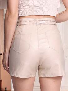 Leather Shorts With Pocket And Belt Attachment/LS267 - 米色 - 查看 3