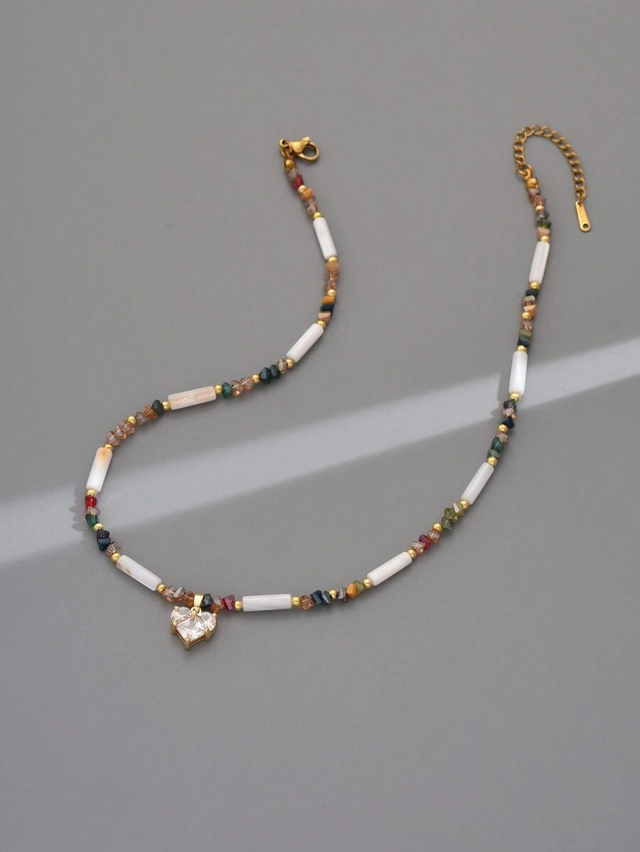 1 件波西米亚串珠水晶心形项链女士款（水晶颜色随机） - 彩色 - 查看 1