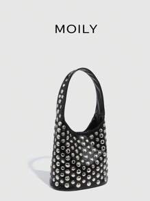 Women Single Compartment Rivet Handbag, Fashion Commuter Bucket Bag - Black - View 4